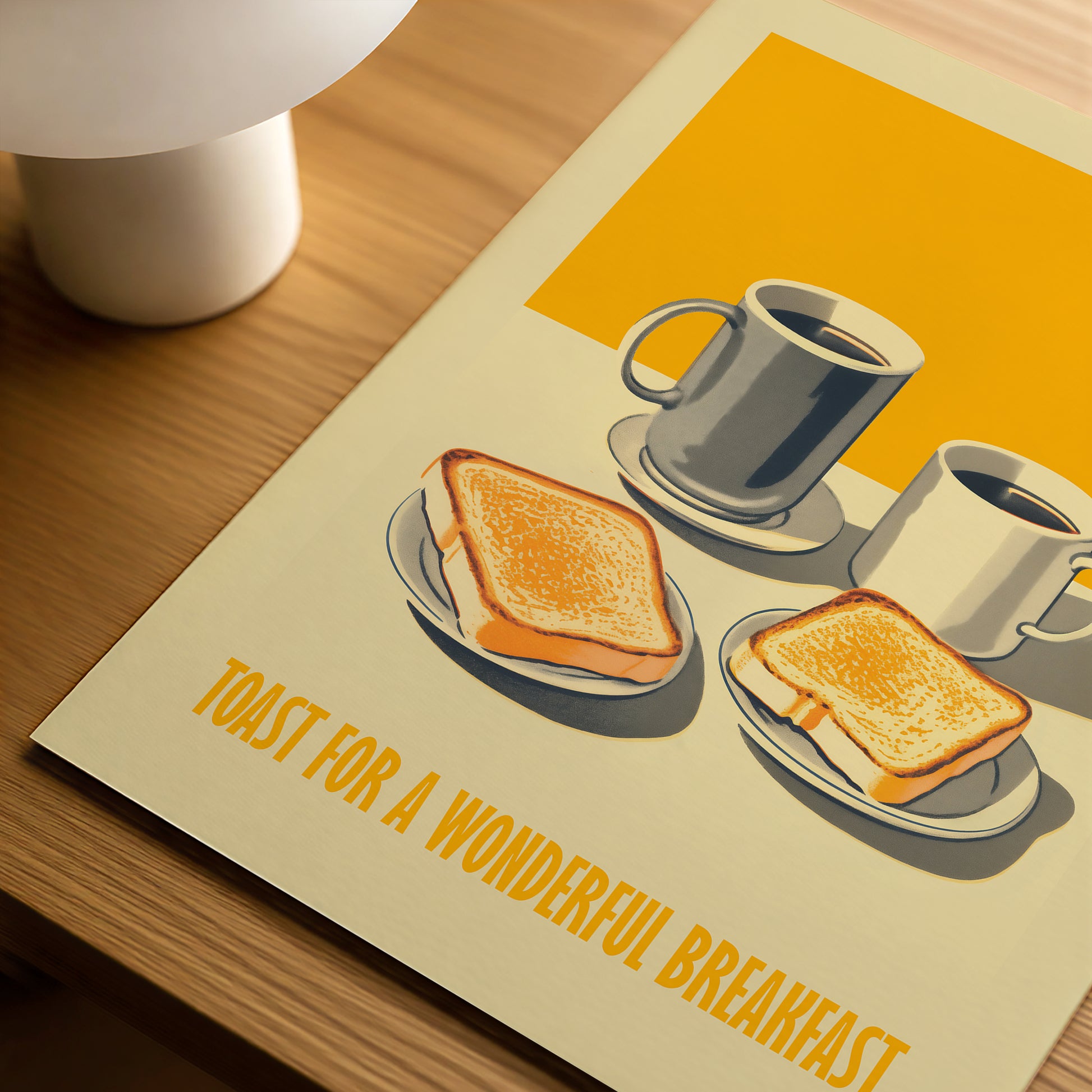 Hand drawn retro diner breakfast poster with two slices of toast and coffee mugs on a table, warm yellow background, text “Toast for a Wonderful Breakfast,” kitchen wall art.