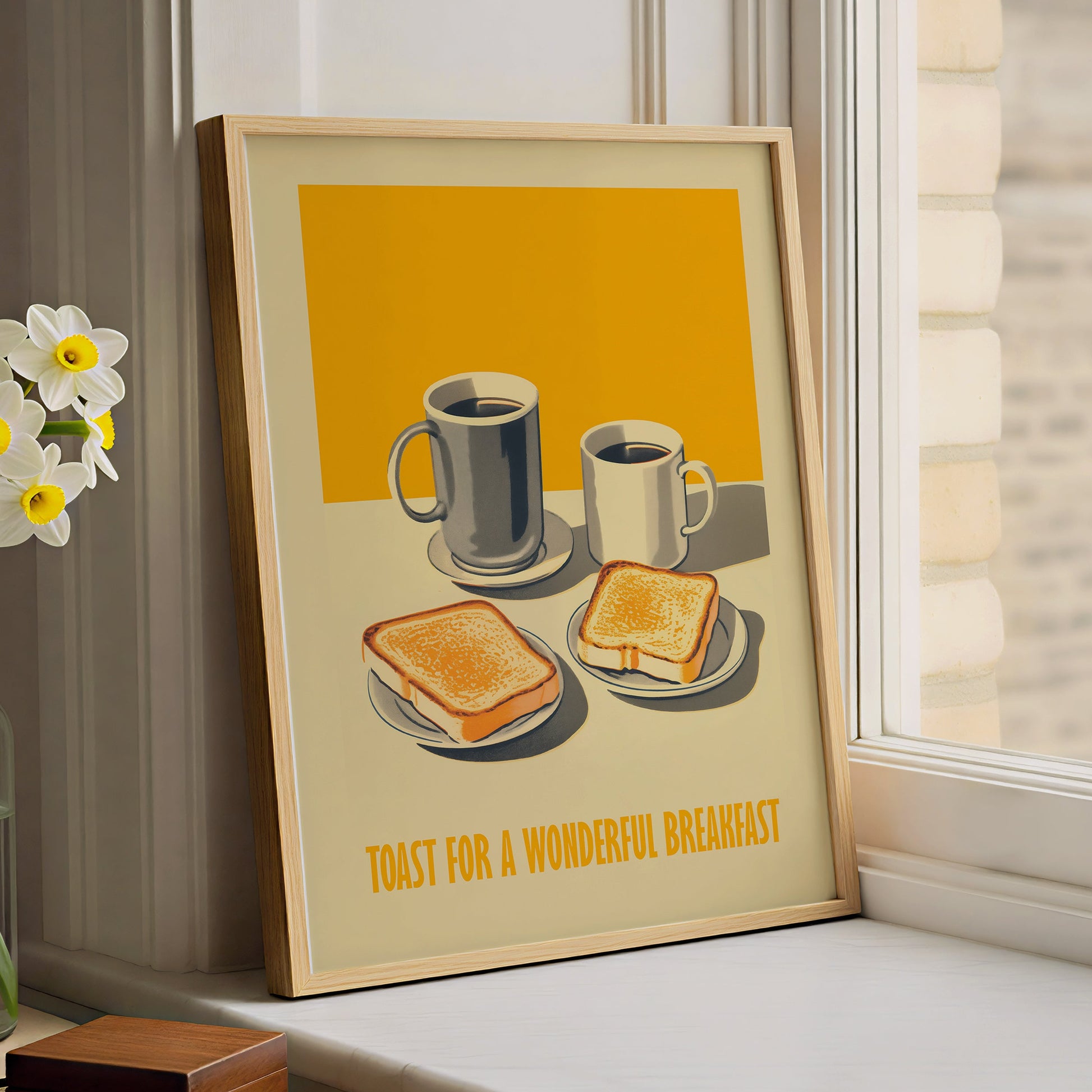 Hand drawn retro diner breakfast poster with two slices of toast and coffee mugs on a table, warm yellow background, text “Toast for a Wonderful Breakfast,” kitchen wall art.