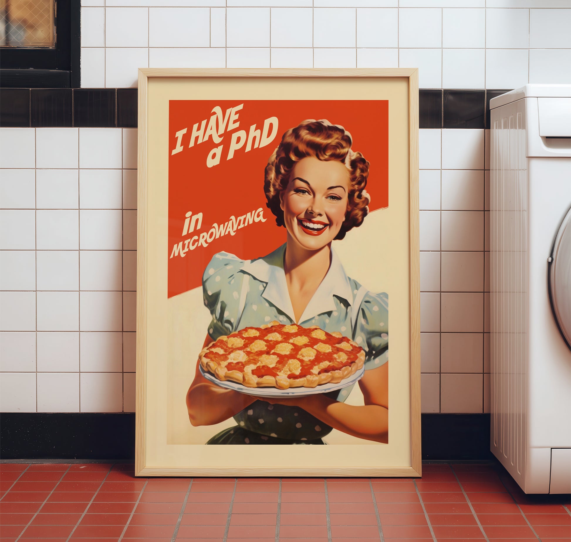 Retro housewife holding a pie with the quote “I Have a PhD in Microwaving,” vintage diner style funny kitchen wall art poster for mid century kitchen decor.