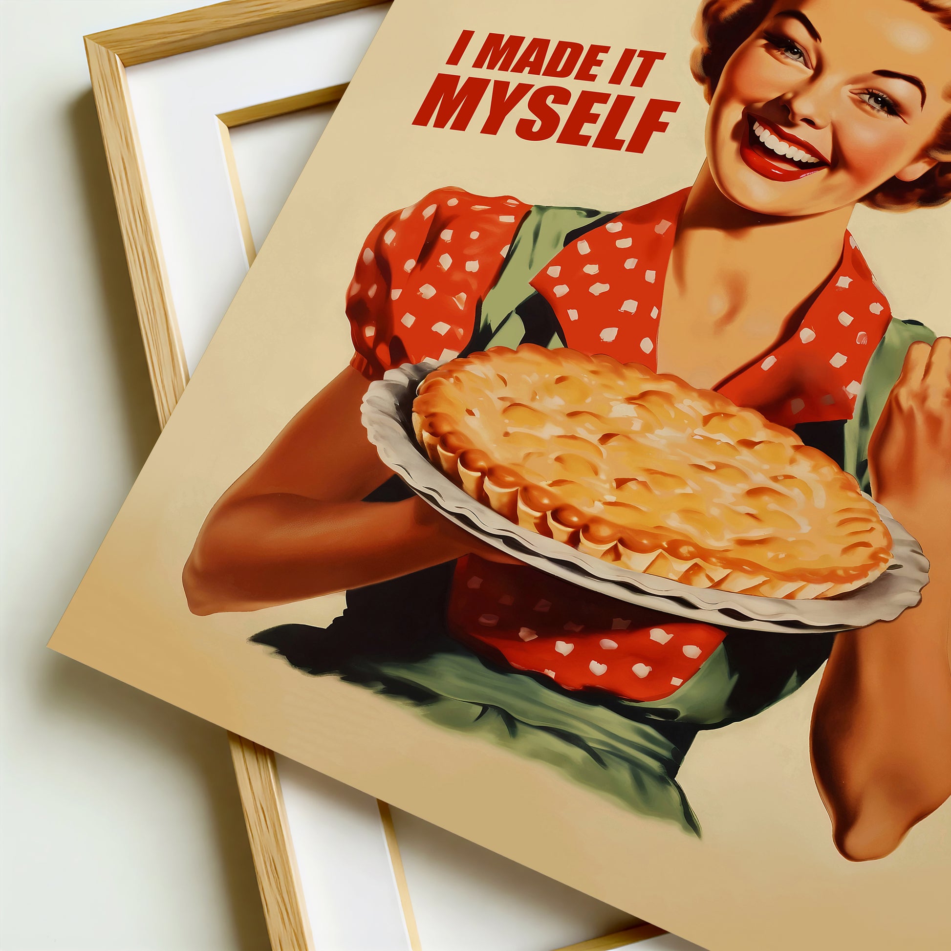 Retro housewife holding a pie and showing a middle finger with the quote “Yes Honey I Made It Myself,” funny kitchen wall art baking poster for cafe or kitchen decor.