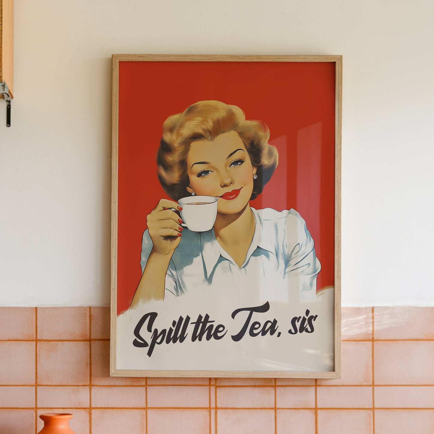 Retro woman holding a tea cup with the quote “Spill the Tea sis,” vintage style funny kitchen wall art poster for cafe or break room decor.