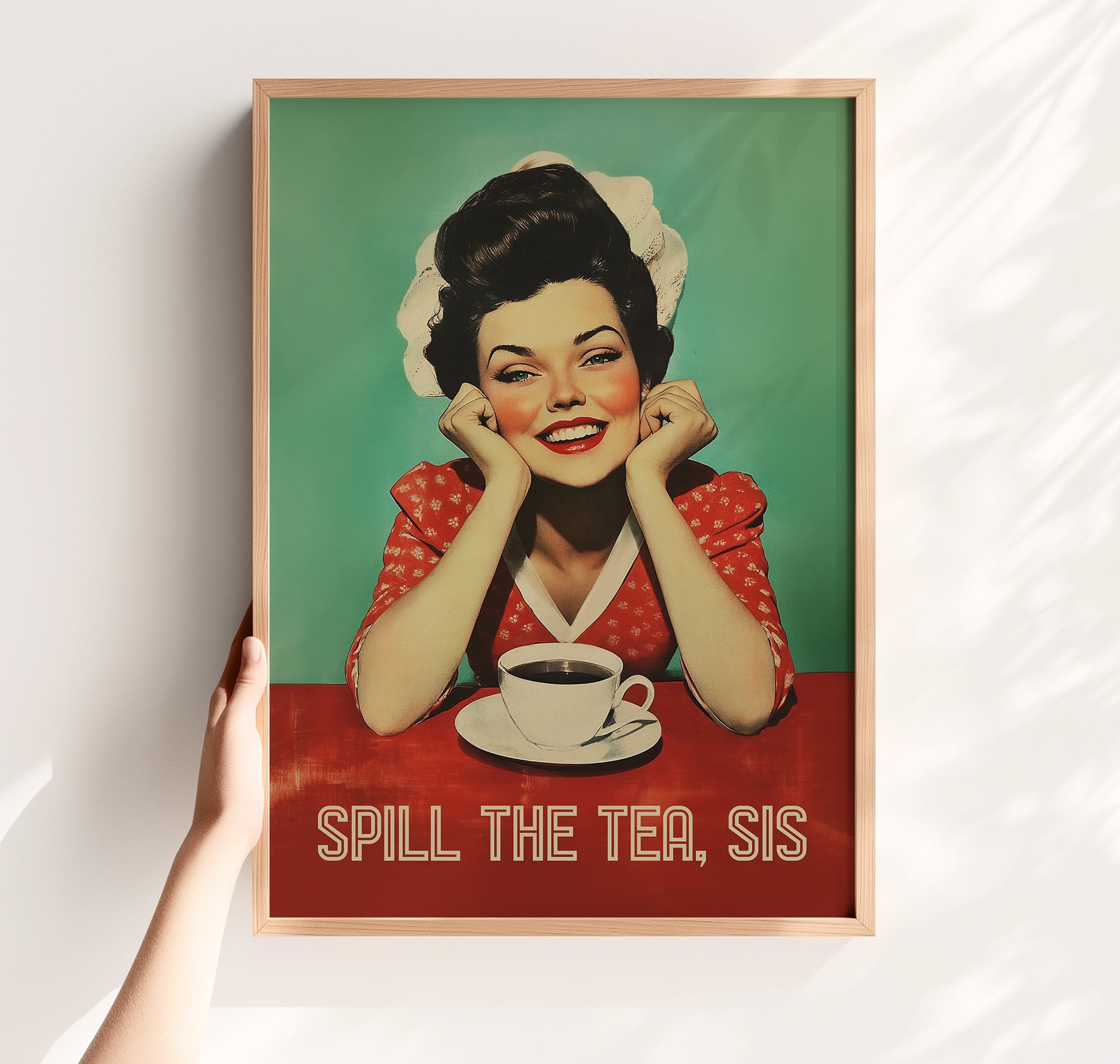 Mid century modern woman smiling at a coffee cup with the quote “Spill the Tea, sis,” retro cafe wall art print for kitchen or break room decor.