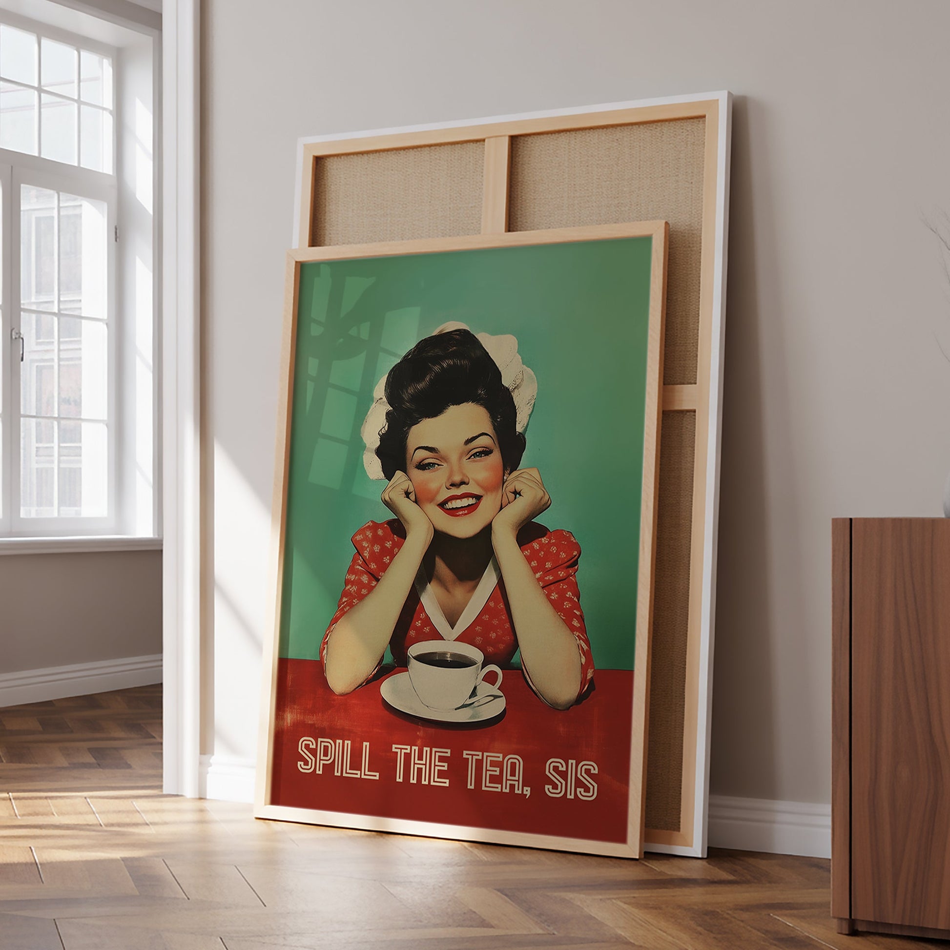 Mid century modern woman smiling at a coffee cup with the quote “Spill the Tea, sis,” retro cafe wall art print for kitchen or break room decor.