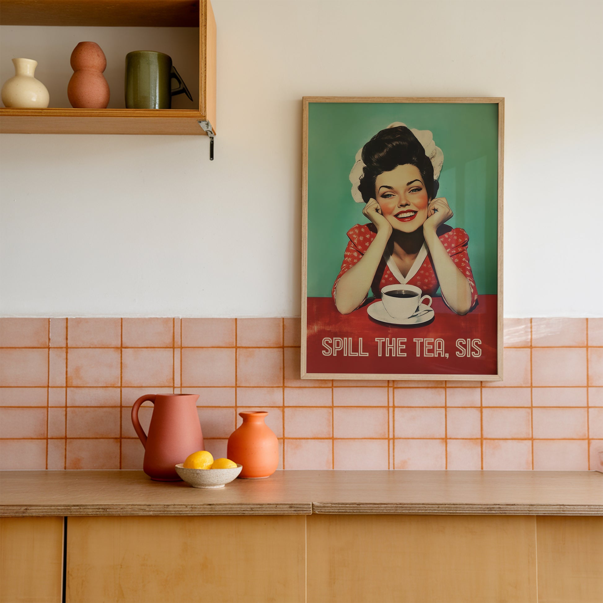 Mid century modern woman smiling at a coffee cup with the quote “Spill the Tea, sis,” retro cafe wall art print for kitchen or break room decor.