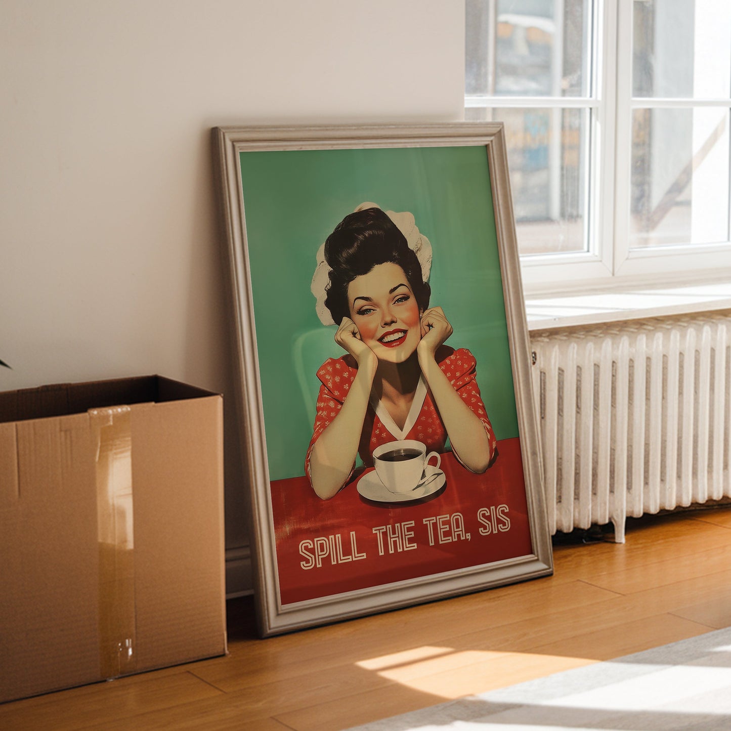 Mid century modern woman smiling at a coffee cup with the quote “Spill the Tea, sis,” retro cafe wall art print for kitchen or break room decor.