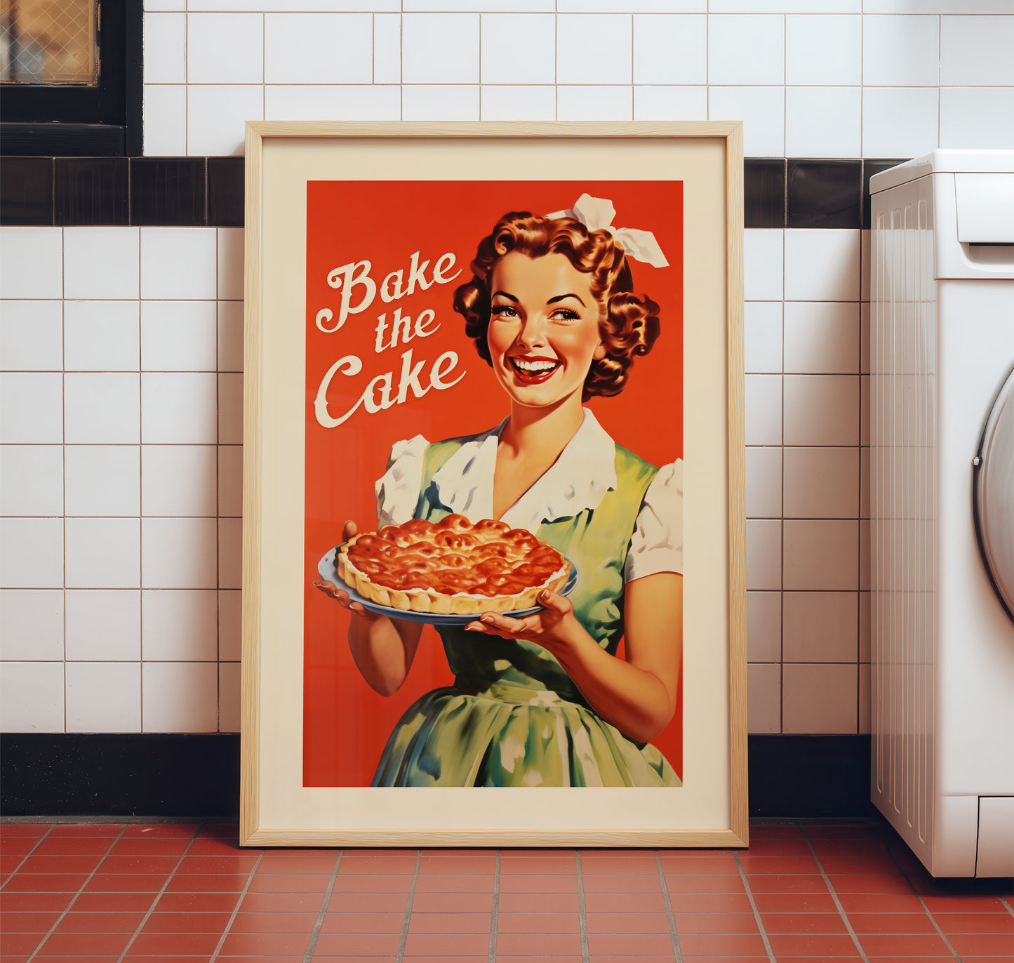 1950s style woman holding a pie with the text “Bake the Cake,” retro baking art poster for breakfast nook and family kitchen decor.