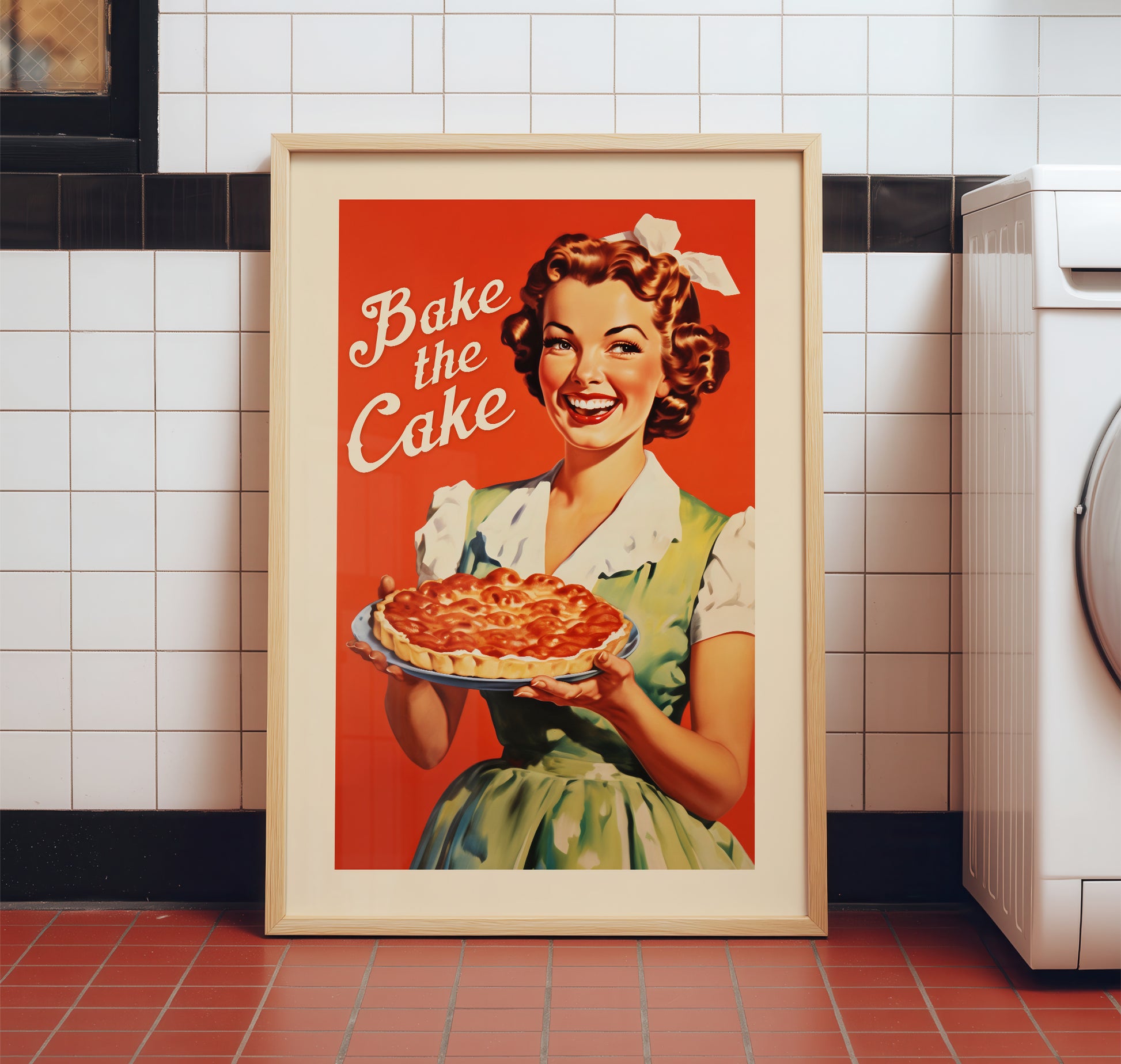 1950s style woman holding a pie with the text “Bake the Cake,” retro baking art poster for breakfast nook and family kitchen decor.