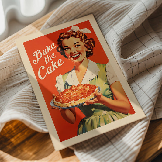 1950s style woman holding a pie with the text “Bake the Cake,” retro baking art poster for breakfast nook and family kitchen decor.