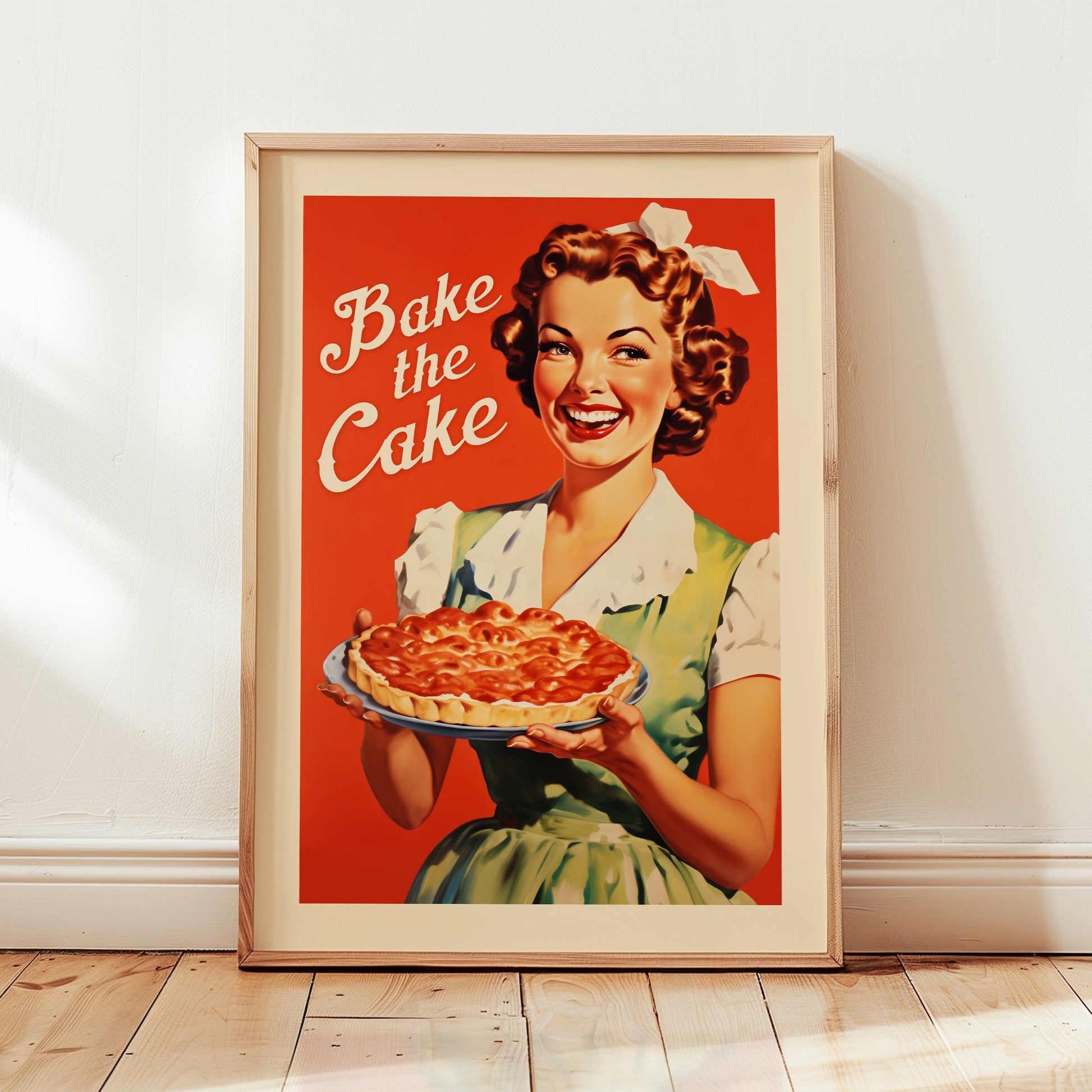 1950s style woman holding a pie with the text “Bake the Cake,” retro baking art poster for breakfast nook and family kitchen decor.