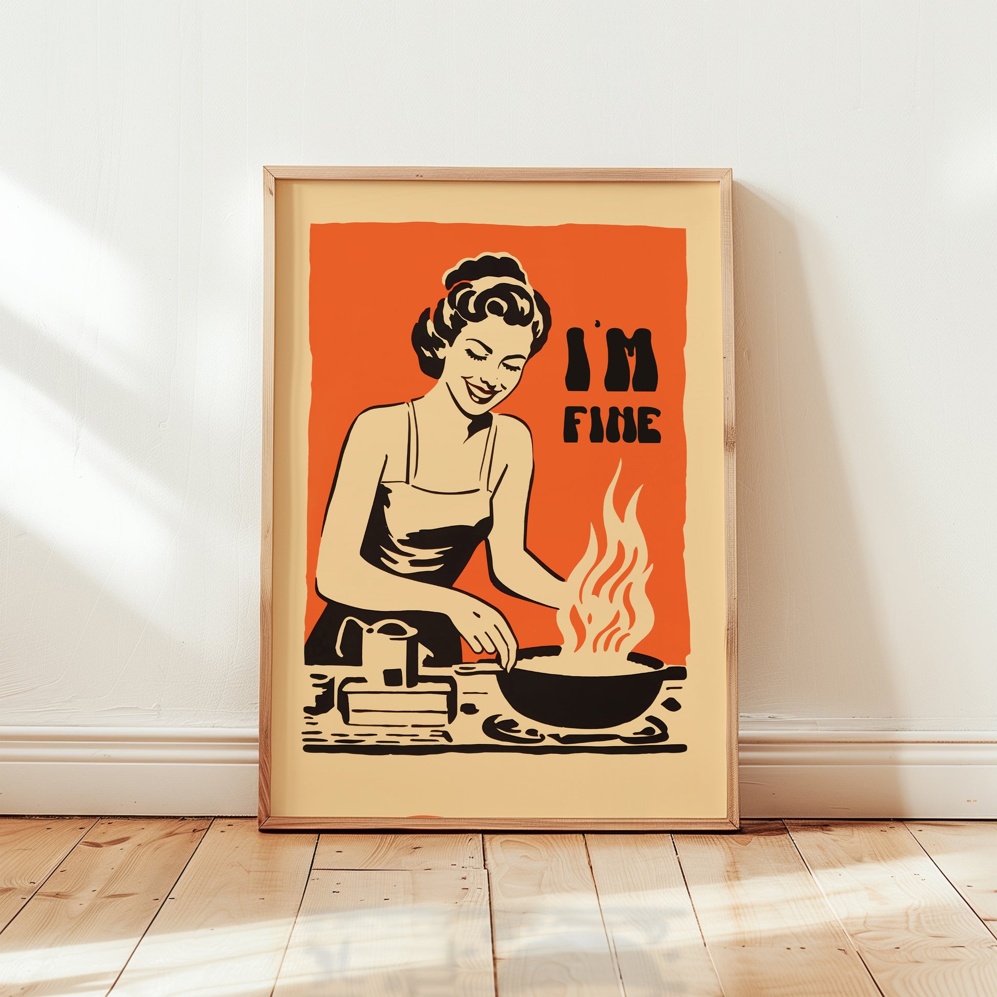 Retro housewife cooking with flames in a pan and the text “I’m Fine,” vintage style funny kitchen wall art poster for retro cafe or kitchen decor.