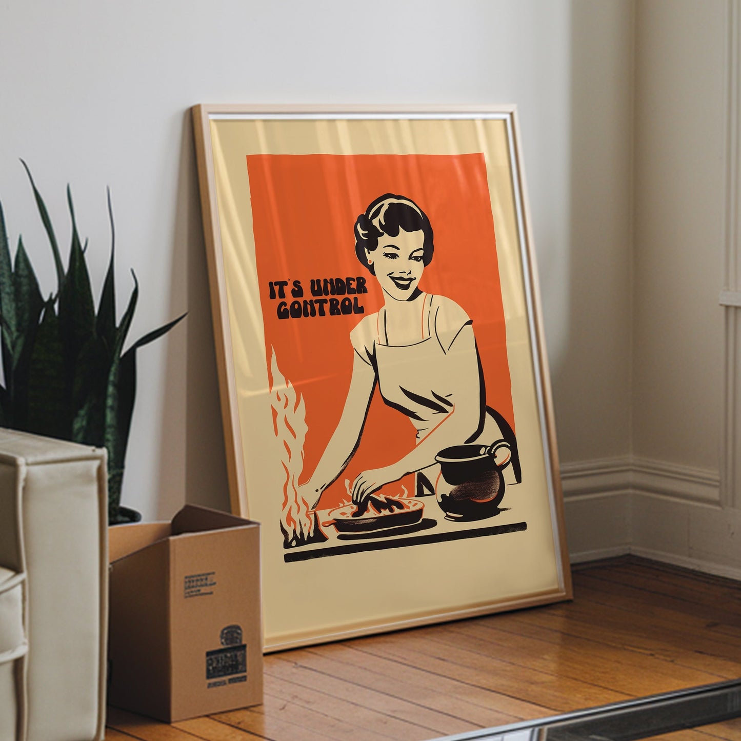 Retro housewife cooking with flames and the text “It’s Under Control,” nostalgic funny kitchen wall art poster for retro cafe or home kitchen decor.