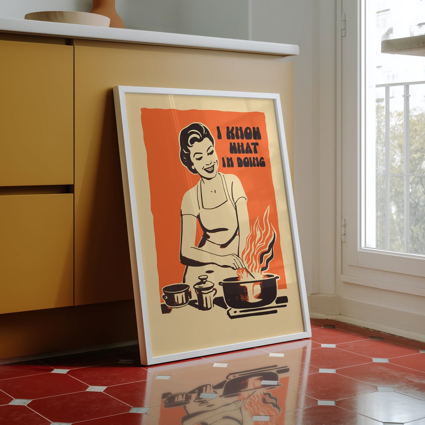 Midcentury housewife cooking over flames with the text “I Know What I’m Doing,” nostalgic retro kitchen wall art print for family kitchen decor.