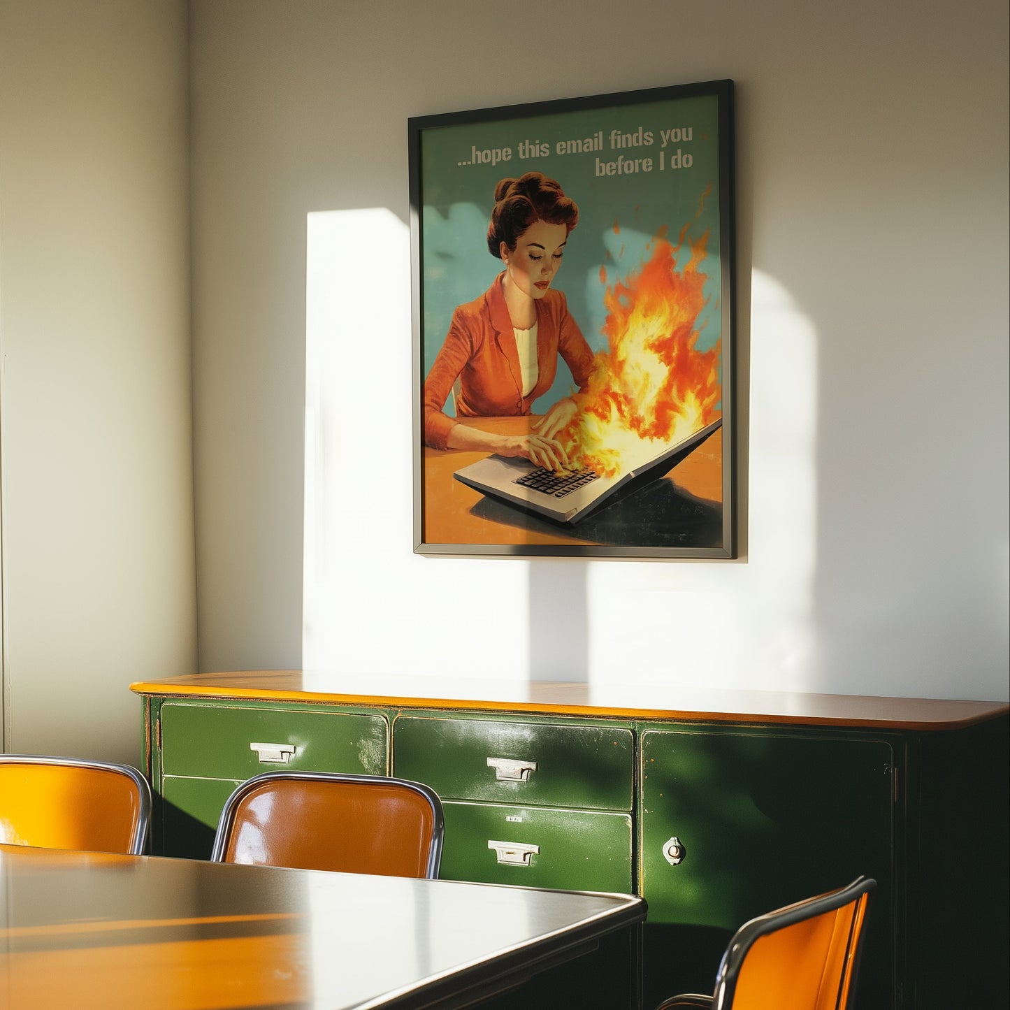 Vintage-style room with a table, chairs, and a framed poster on the wall.