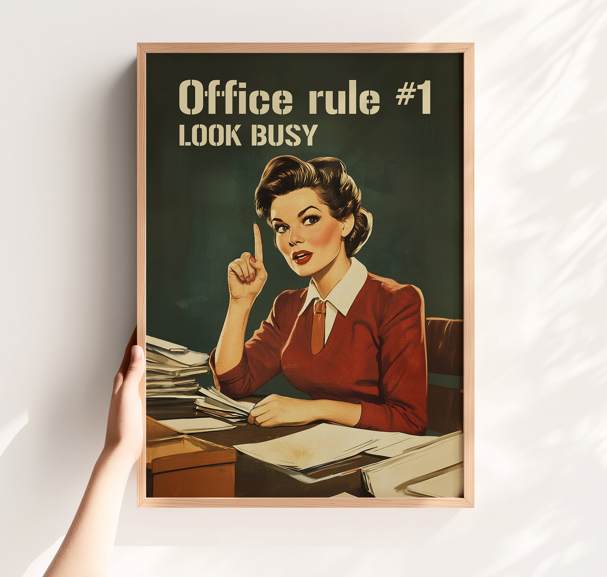 Retro office woman at a desk with the text “Office rule #1 Look Busy,” funny nostalgic office wall art for cubicle or work from home decor.