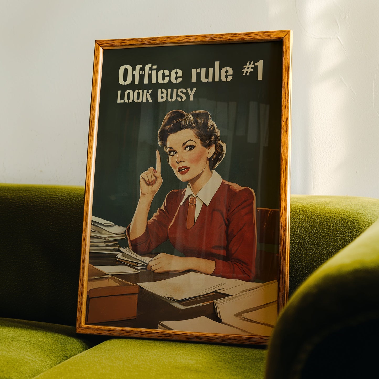 Retro office woman at a desk with the text “Office rule #1 Look Busy,” funny nostalgic office wall art for cubicle or work from home decor.