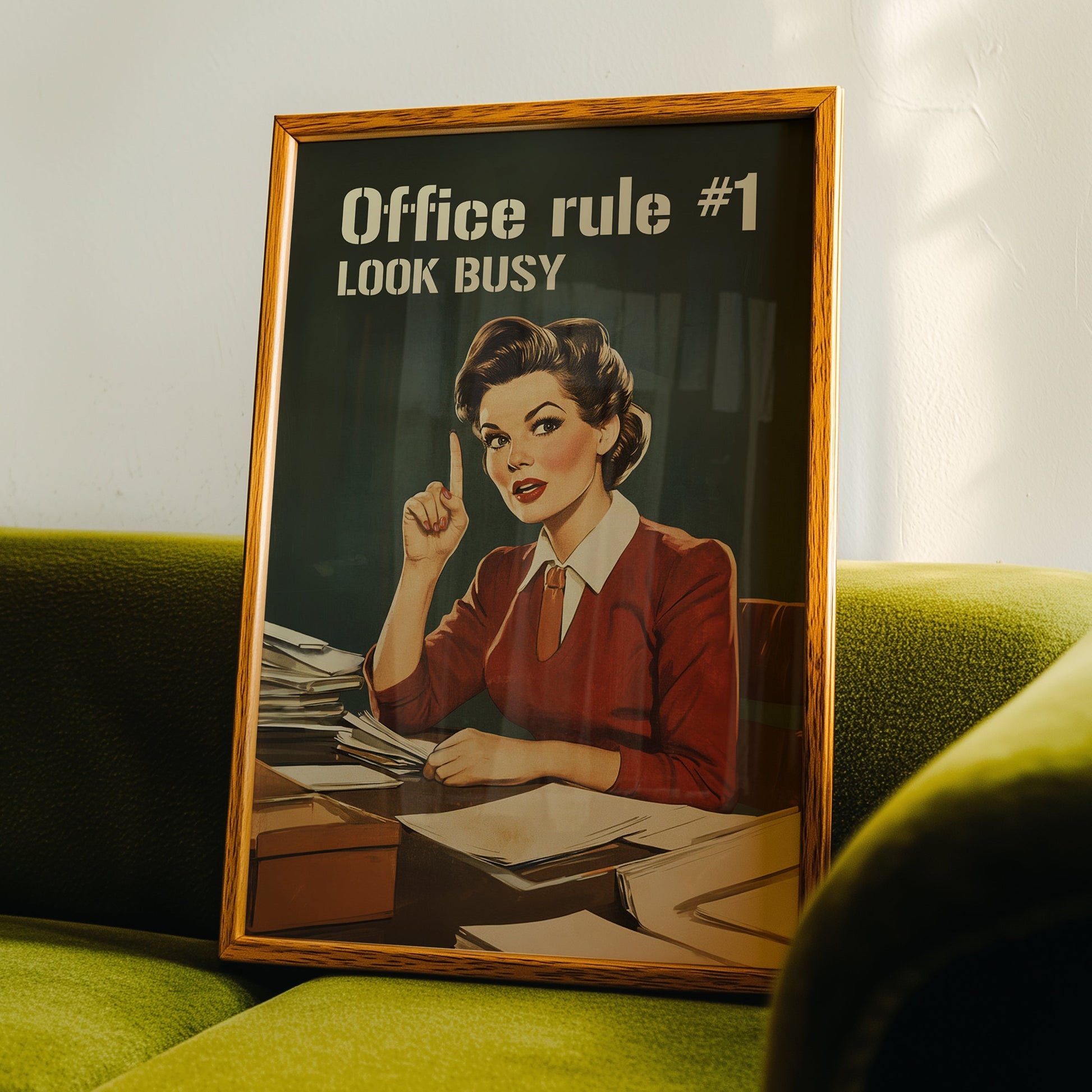 Retro office woman at a desk with the text “Office rule #1 Look Busy,” funny nostalgic office wall art for cubicle or work from home decor.