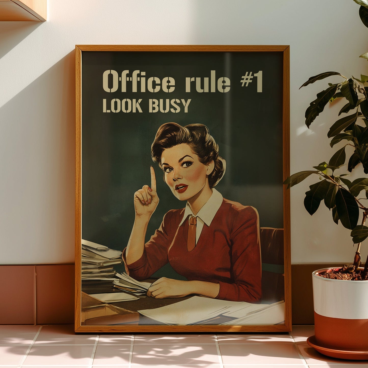 Retro office woman at a desk with the text “Office rule #1 Look Busy,” funny nostalgic office wall art for cubicle or work from home decor.
