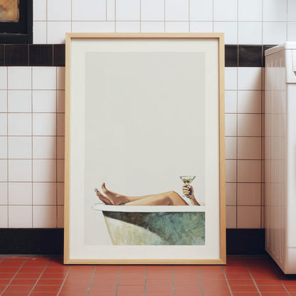 Retro style bathtub print showing legs resting in a bath while holding a martini glass, minimalist bathroom wall art for wine and cocktail decor.