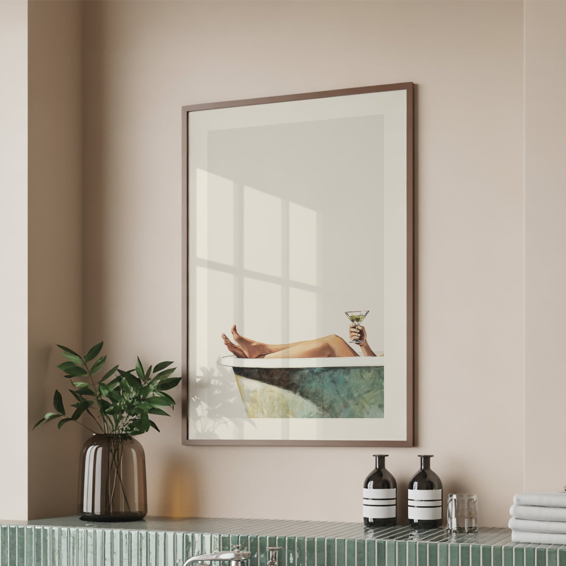 Retro style bathtub print showing legs resting in a bath while holding a martini glass, minimalist bathroom wall art for wine and cocktail decor.