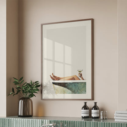 Retro style bathtub print showing legs resting in a bath while holding a martini glass, minimalist bathroom wall art for wine and cocktail decor.