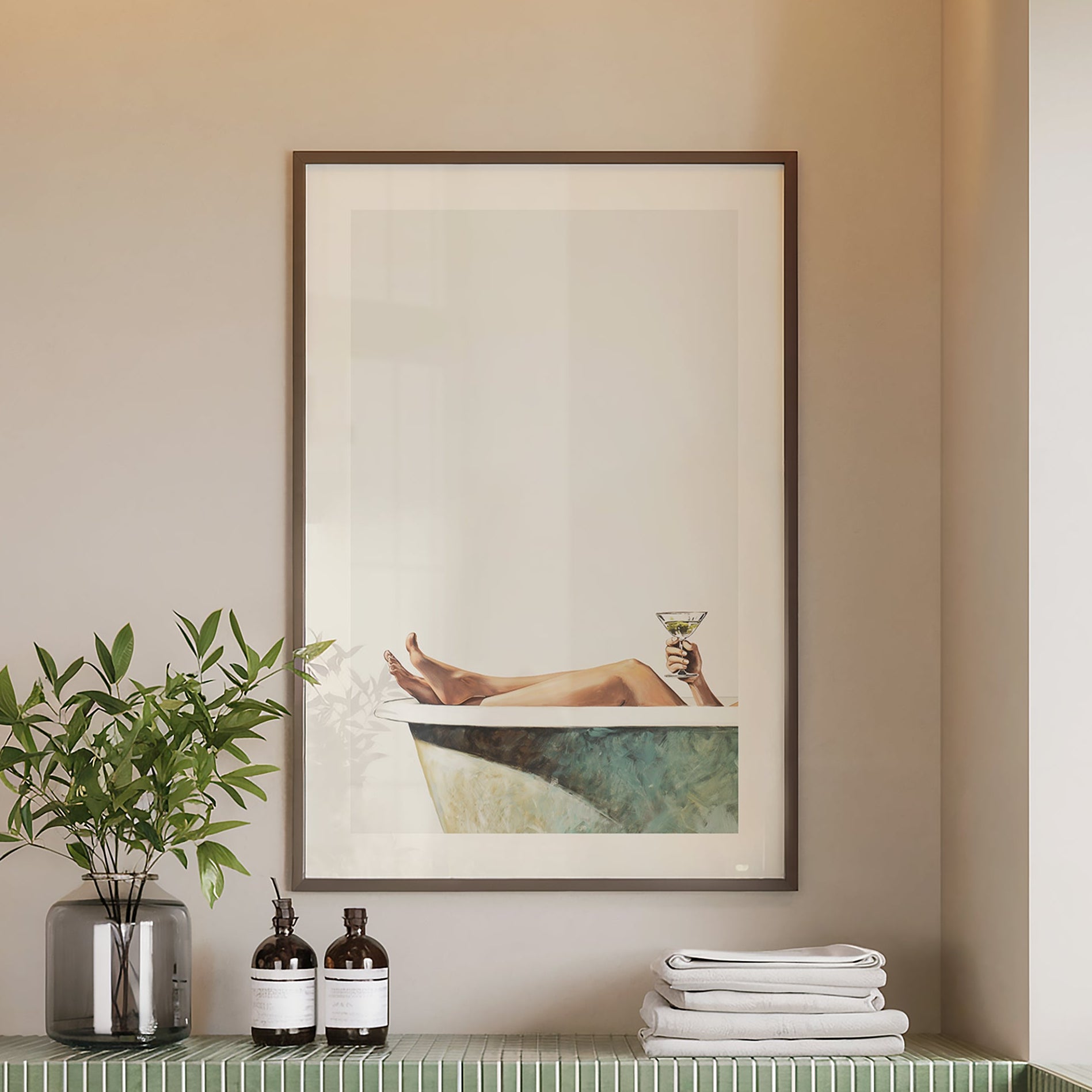 Retro style bathtub print showing legs resting in a bath while holding a martini glass, minimalist bathroom wall art for wine and cocktail decor.