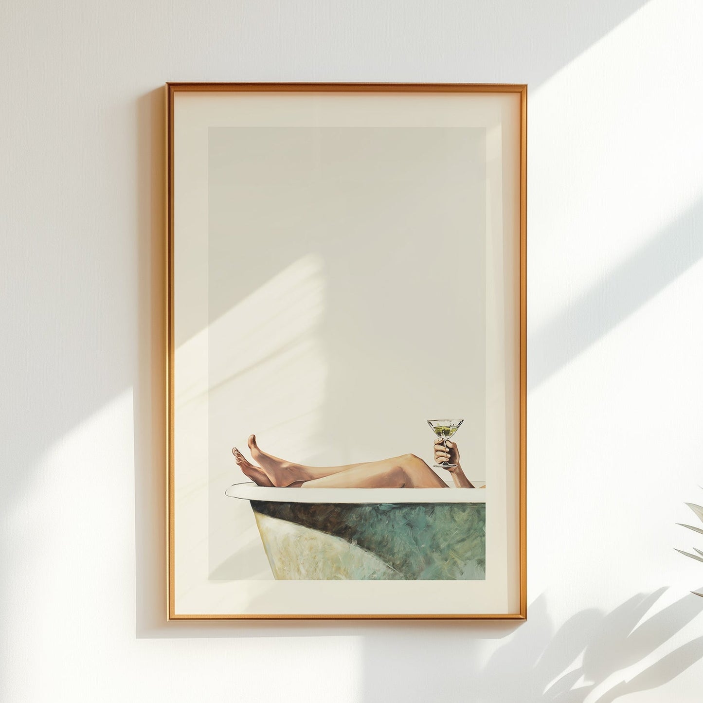 Retro style bathtub print showing legs resting in a bath while holding a martini glass, minimalist bathroom wall art for wine and cocktail decor.