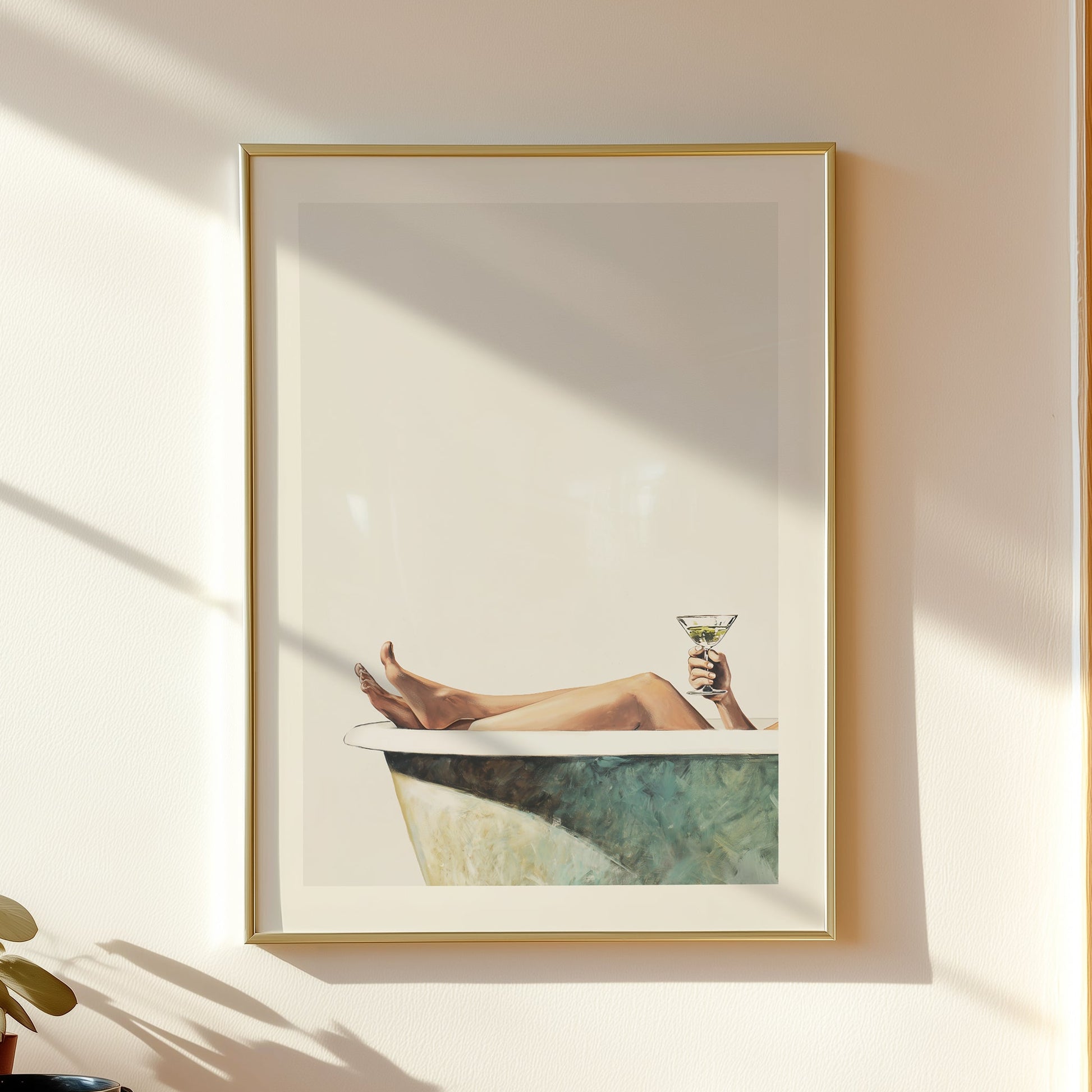 Retro style bathtub print showing legs resting in a bath while holding a martini glass, minimalist bathroom wall art for wine and cocktail decor.
