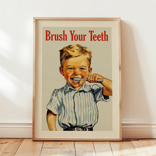 Midcentury style poster of a smiling child brushing teeth with the text “Brush Your Teeth,” kids bathroom wall art for classroom or kid friendly decor.