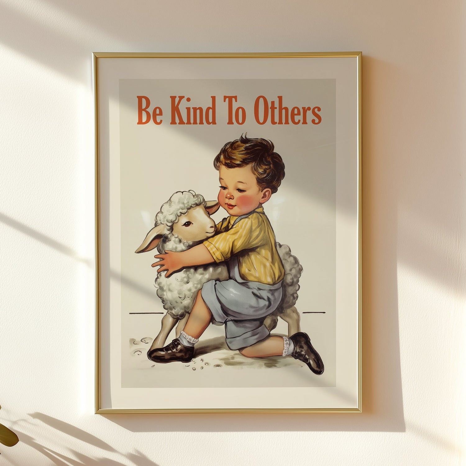 Vintage style poster of a child hugging a lamb with the text “Be Kind To Others,” retro classroom wall art for kindergarten and friendly classroom decor.