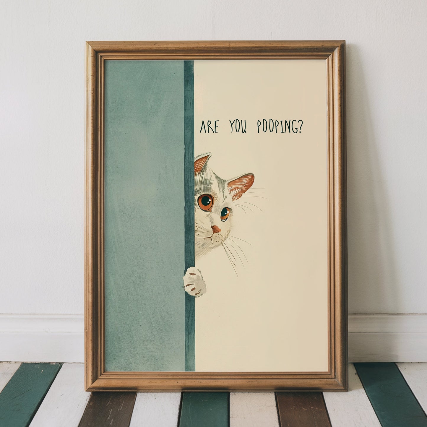 Whimsical illustration of a curious white cat with large orange eyes peeking around a blue bathroom door with "Are You Pooping?" text in a minimalist font