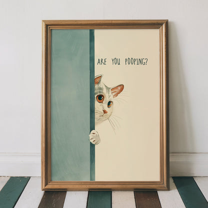 Whimsical illustration of a curious white cat with large orange eyes peeking around a blue bathroom door with "Are You Pooping?" text in a minimalist font