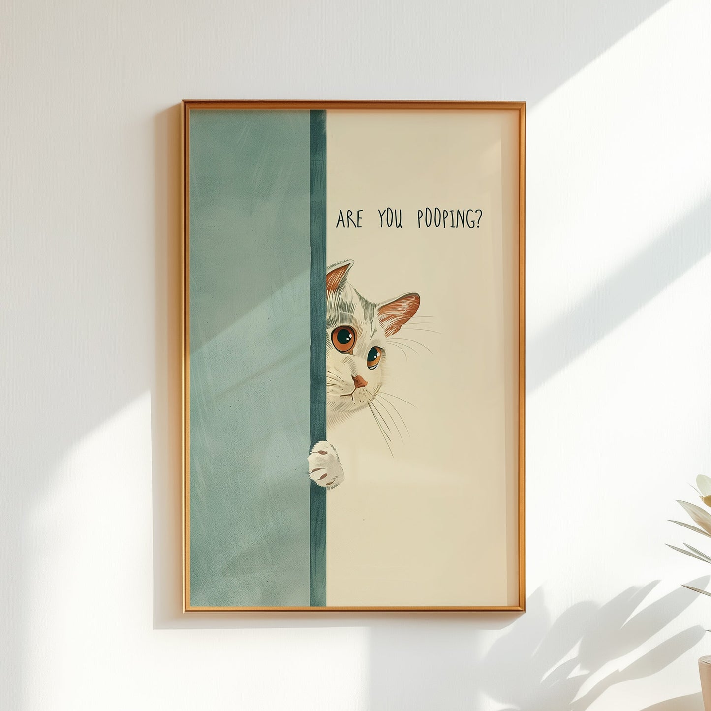 Whimsical illustration of a curious white cat with large orange eyes peeking around a blue bathroom door with "Are You Pooping?" text in a minimalist font