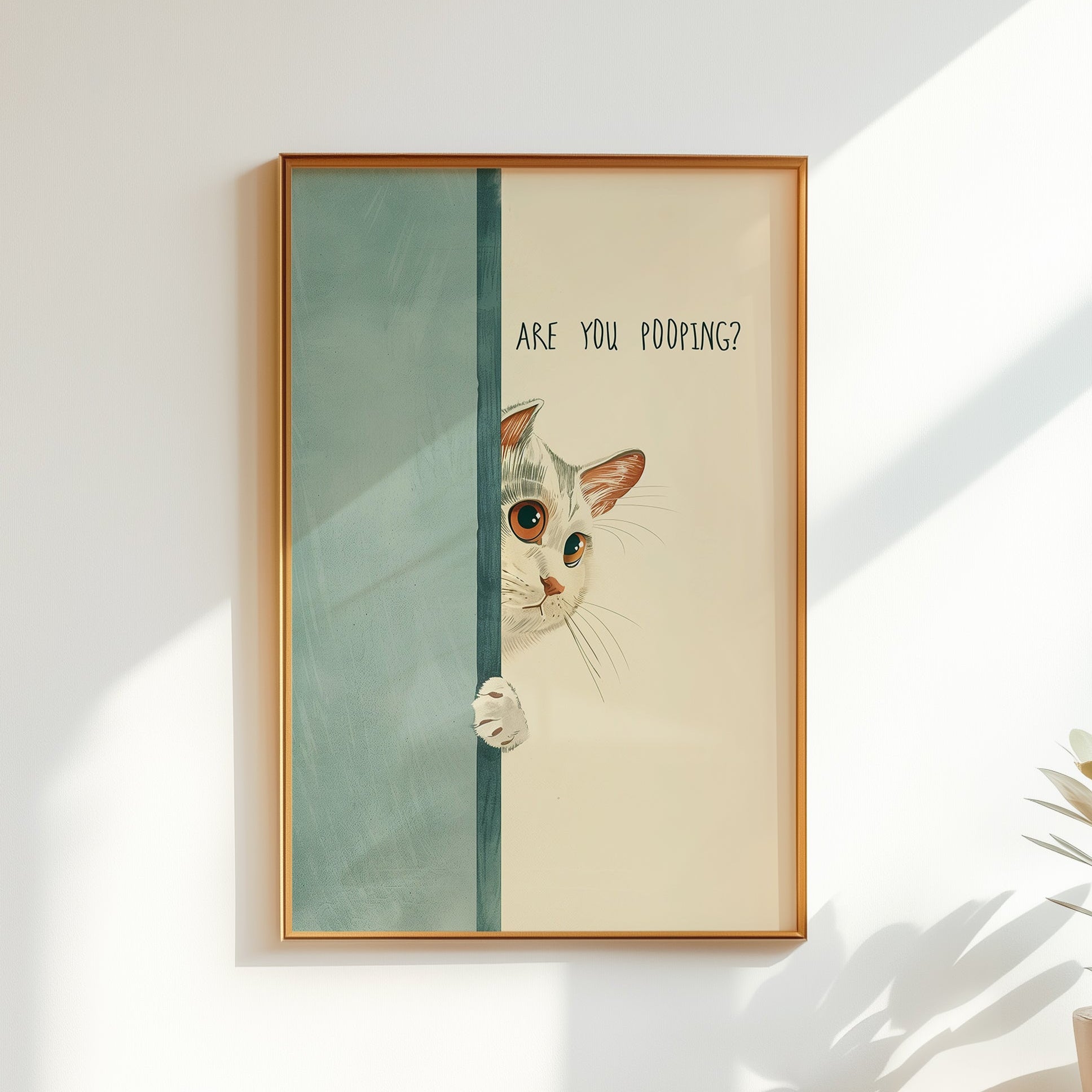 Whimsical illustration of a curious white cat with large orange eyes peeking around a blue bathroom door with "Are You Pooping?" text in a minimalist font