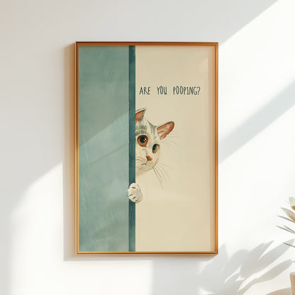 Whimsical illustration of a curious white cat with large orange eyes peeking around a blue bathroom door with "Are You Pooping?" text in a minimalist font
