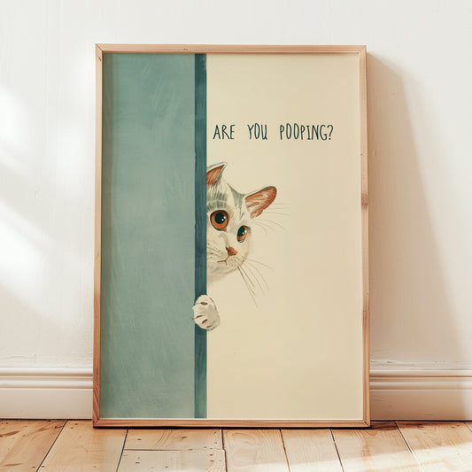 Whimsical illustration of a curious white cat with large orange eyes peeking around a blue bathroom door with "Are You Pooping?" text in a minimalist font.