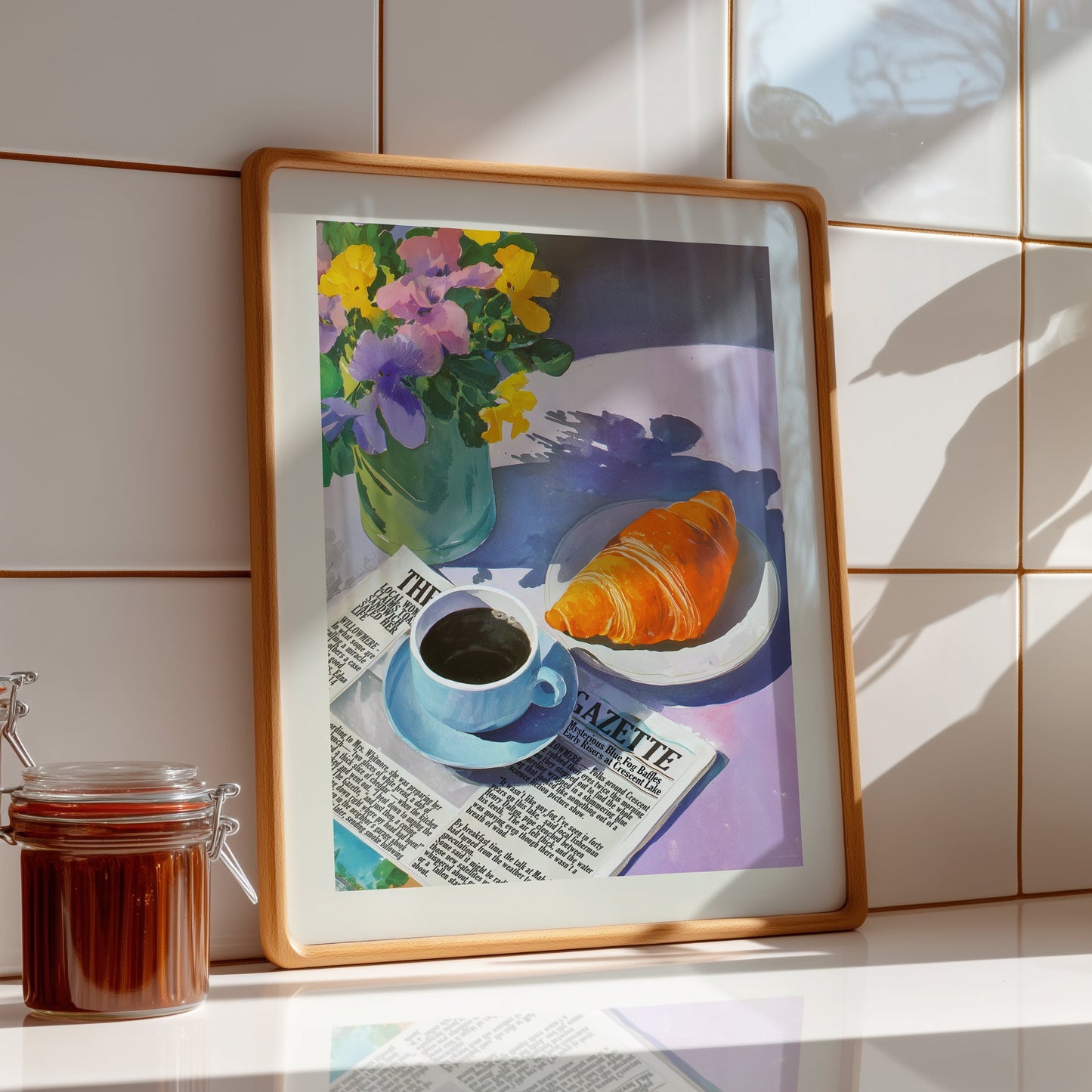 Aesthetic illustration of a sunny breakfast scene with a cup of coffee on a newspaper, a fresh croissant, and a vase of purple and yellow pansies.