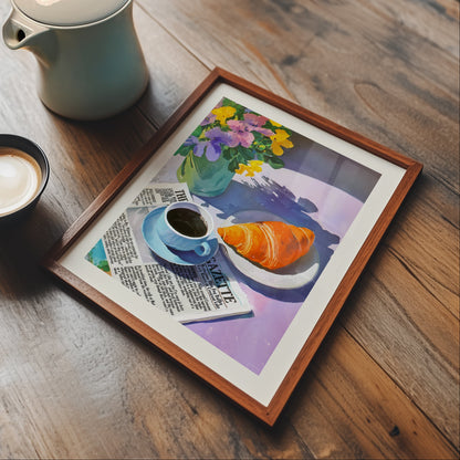 Aesthetic illustration of a sunny breakfast scene with a cup of coffee on a newspaper, a fresh croissant, and a vase of purple and yellow pansies.