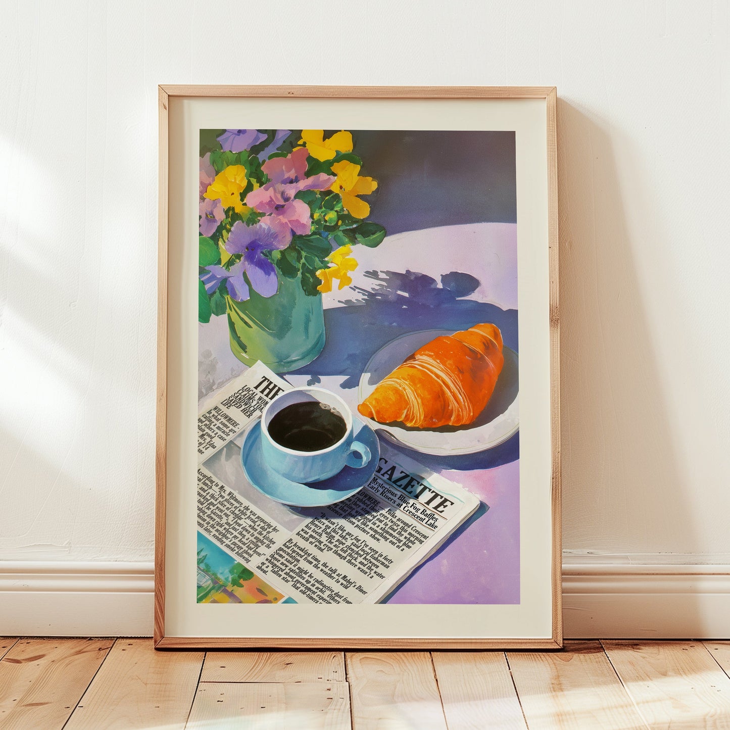 Aesthetic illustration of a sunny breakfast scene with a cup of coffee on a newspaper, a fresh croissant, and a vase of purple and yellow pansies.