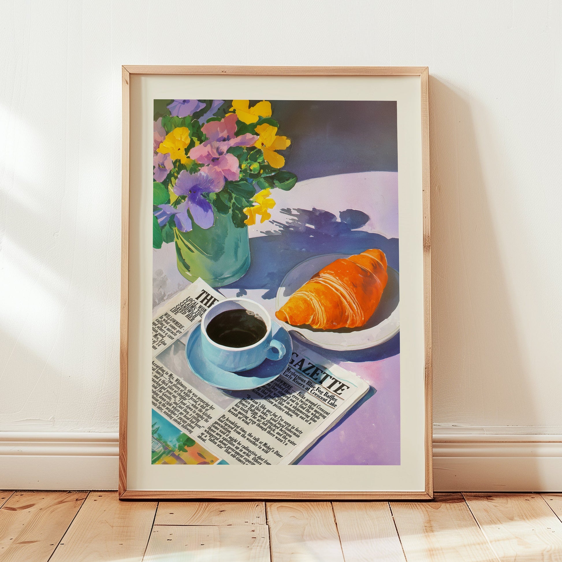 Aesthetic illustration of a sunny breakfast scene with a cup of coffee on a newspaper, a fresh croissant, and a vase of purple and yellow pansies.