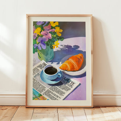 Aesthetic illustration of a sunny breakfast scene with a cup of coffee on a newspaper, a fresh croissant, and a vase of purple and yellow pansies.