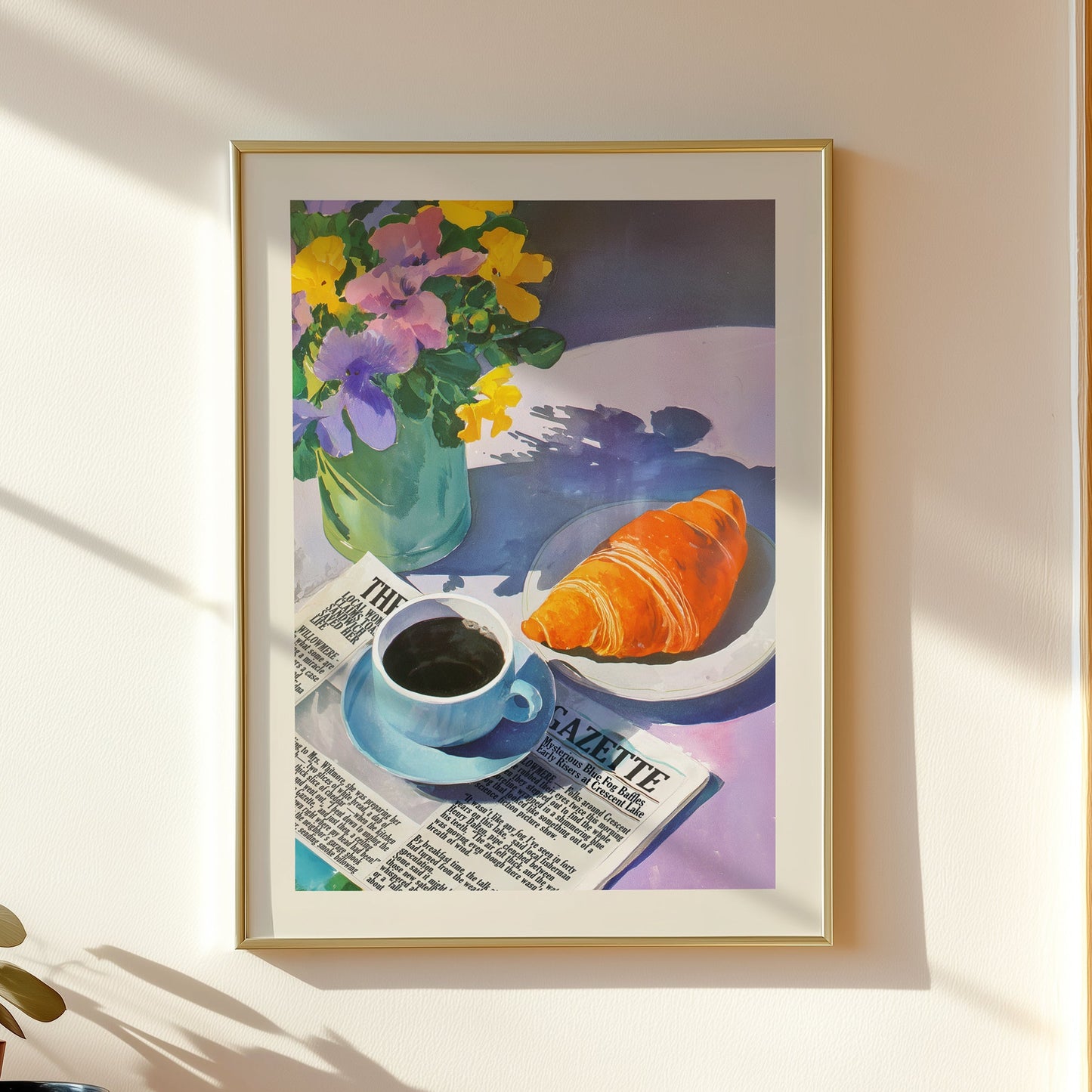 Aesthetic illustration of a sunny breakfast scene with a cup of coffee on a newspaper, a fresh croissant, and a vase of purple and yellow pansies.