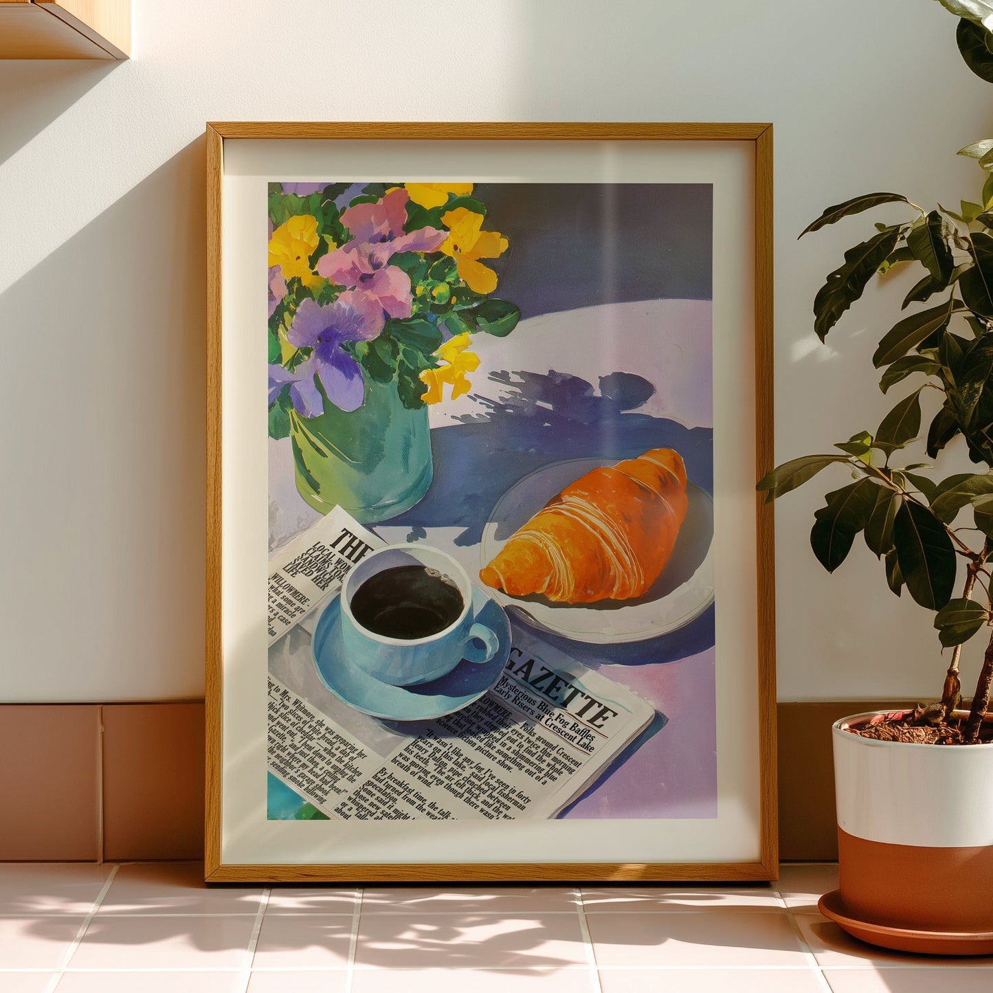 Aesthetic illustration of a sunny breakfast scene with a cup of coffee on a newspaper, a fresh croissant, and a vase of purple and yellow pansies.