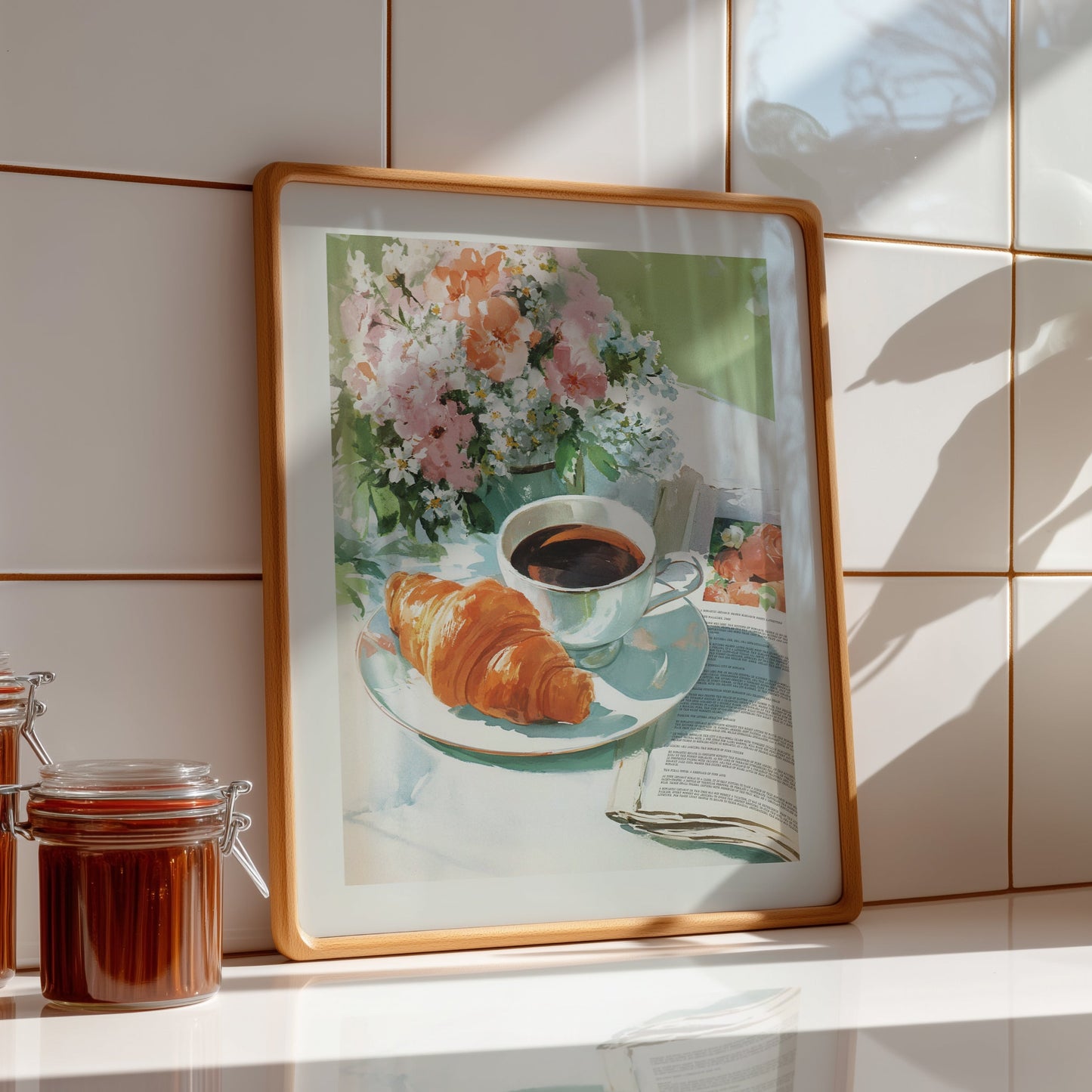 Aesthetic illustration of a sunny breakfast scene with a cup of coffee on a newspaper, a fresh flaky croissant, and a vase of pink and yellow flowers.