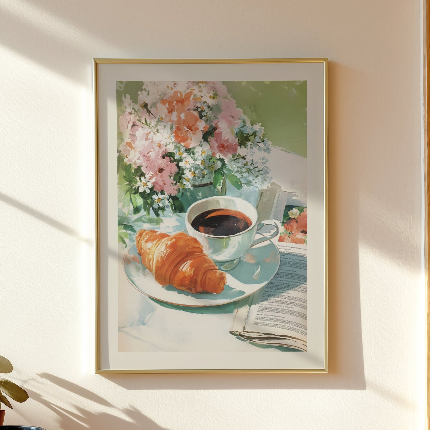 Aesthetic illustration of a sunny breakfast scene with a cup of coffee on a newspaper, a fresh flaky croissant, and a vase of pink and yellow flowers.