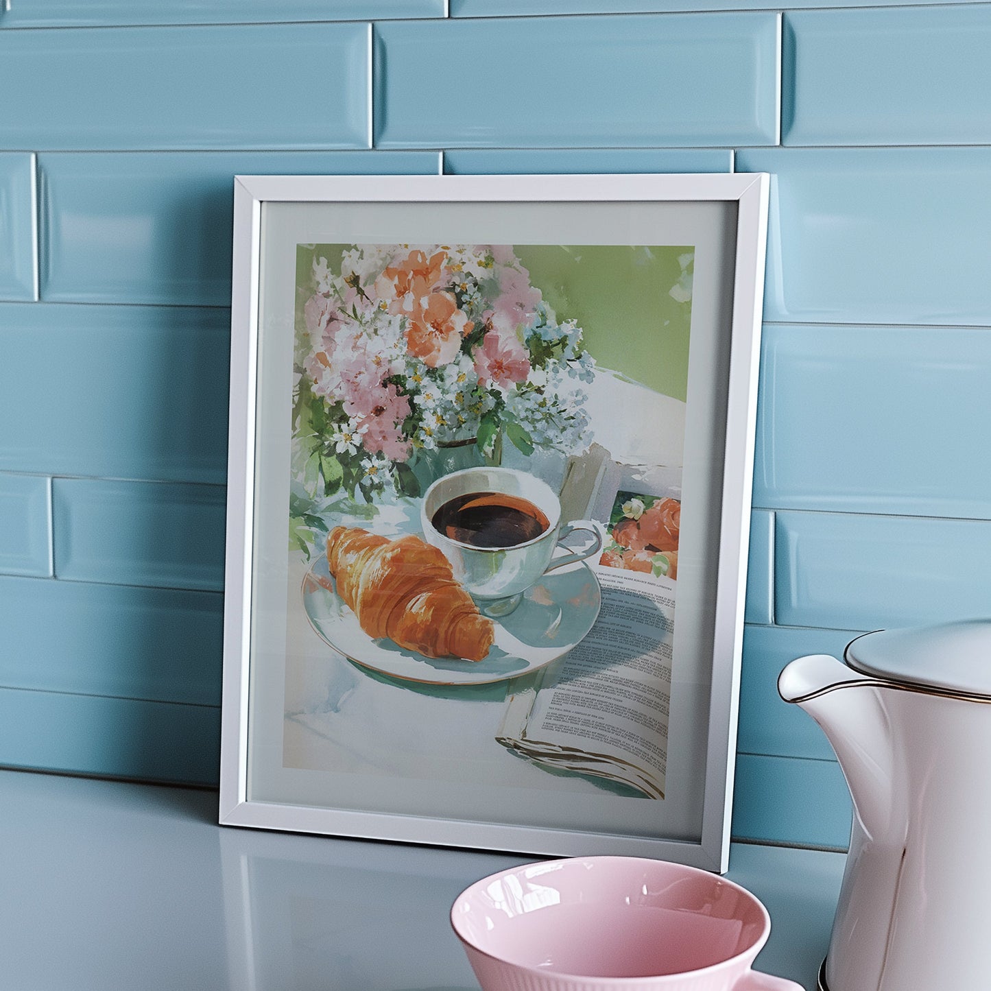Aesthetic illustration of a sunny breakfast scene with a cup of coffee on a newspaper, a fresh flaky croissant, and a vase of pink and yellow flowers.