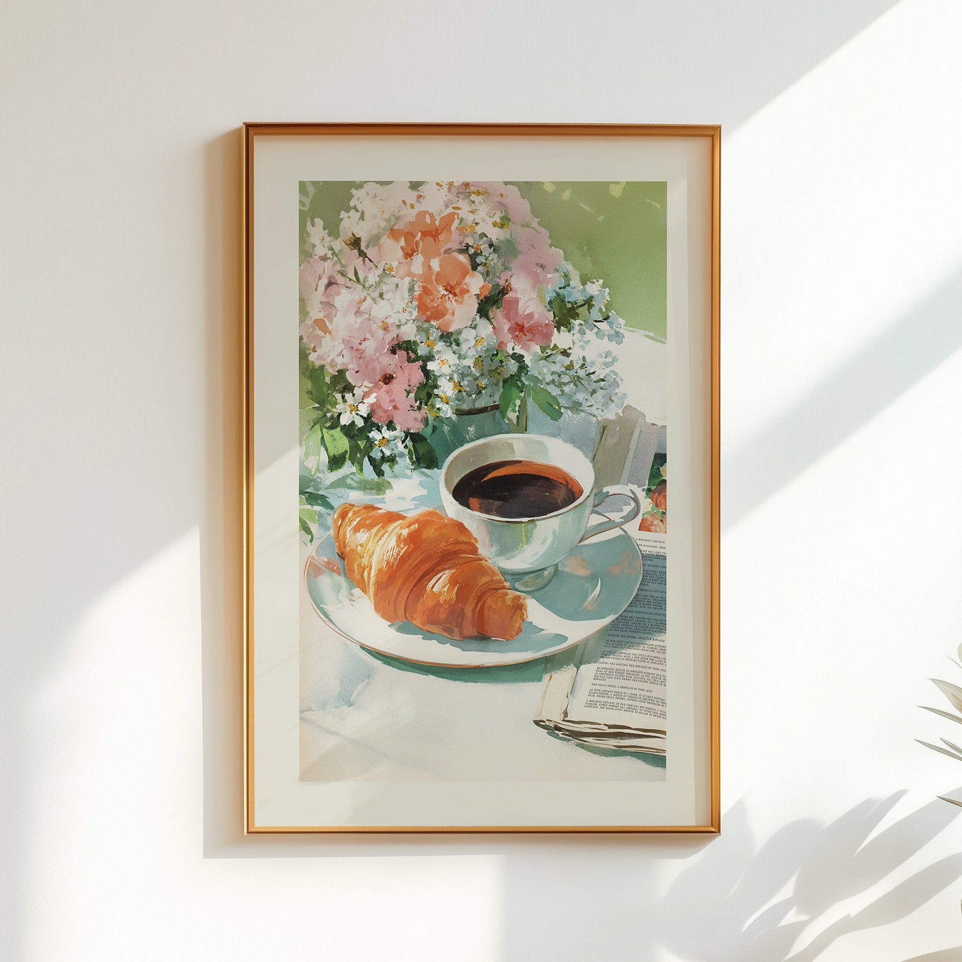 Aesthetic illustration of a sunny breakfast scene with a cup of coffee on a newspaper, a fresh flaky croissant, and a vase of pink and yellow flowers.