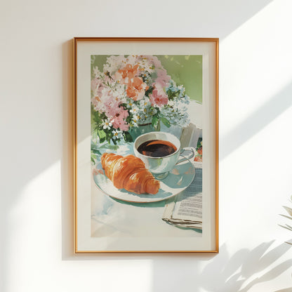 Aesthetic illustration of a sunny breakfast scene with a cup of coffee on a newspaper, a fresh flaky croissant, and a vase of pink and yellow flowers.