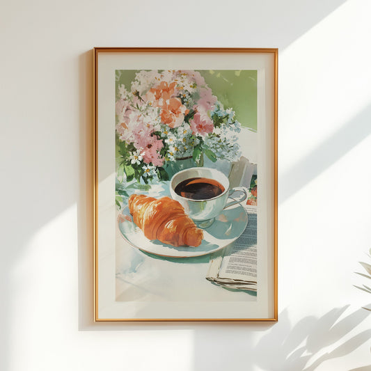 Aesthetic illustration of a sunny breakfast scene with a cup of coffee on a newspaper, a fresh flaky croissant, and a vase of pink and yellow flowers.