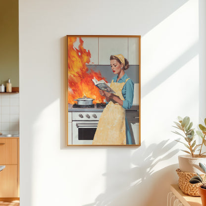 Vintage illustration of a 1950s housewife in a yellow apron calmly reading a cookbook while a fire erupts on a retro stove behind her; funny mid-century modern kitchen wall art.
