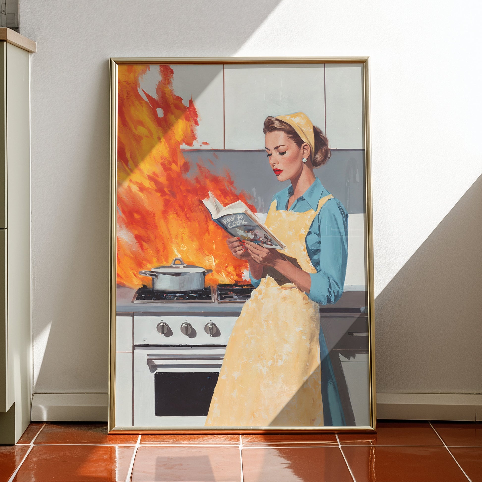 Vintage illustration of a 1950s housewife in a yellow apron calmly reading a cookbook while a fire erupts on a retro stove behind her; funny mid-century modern kitchen wall art.
